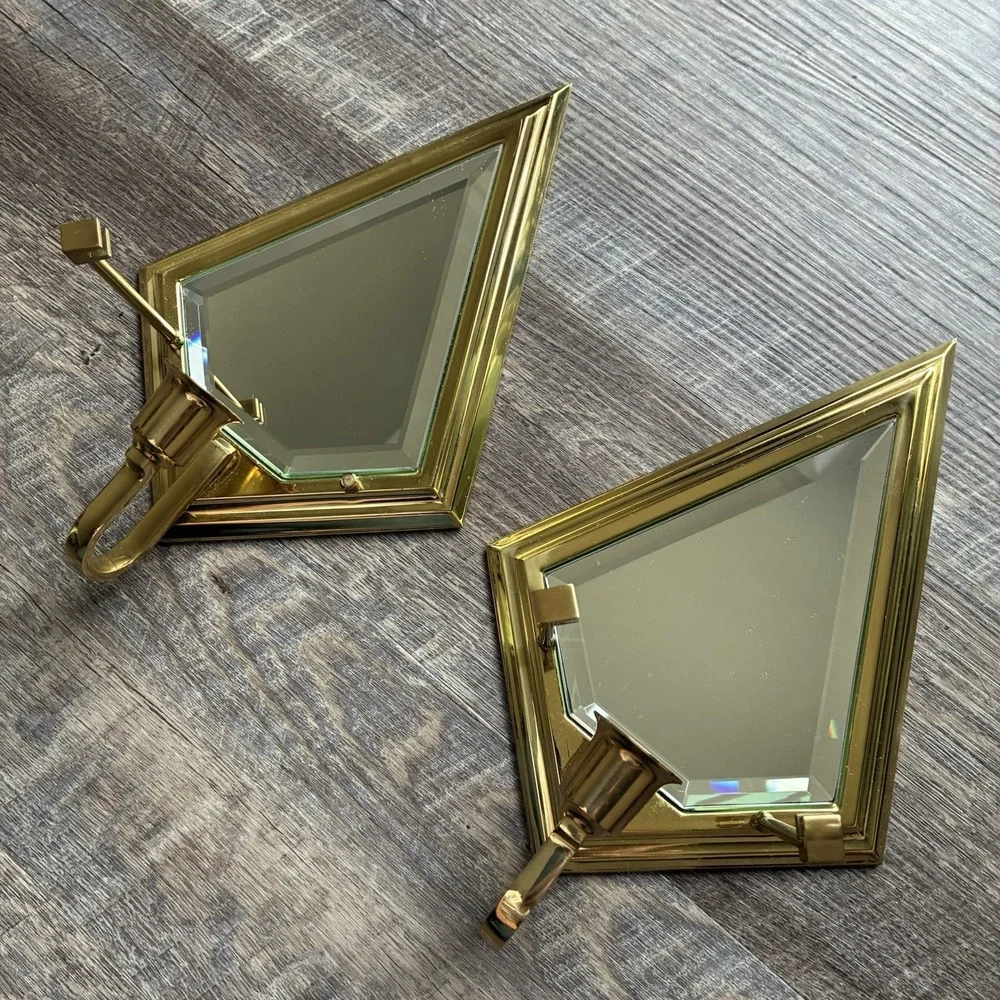 Vintage PartyLite Brass Mirror Wall Sconce Candle Holders Hollywood Regency Set - Picture 5 of 16